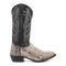 Dan Post Manning Python boots: men's black leather and light brown python snakeskin. Round toe, decorative stitching, and small stacked heel.

