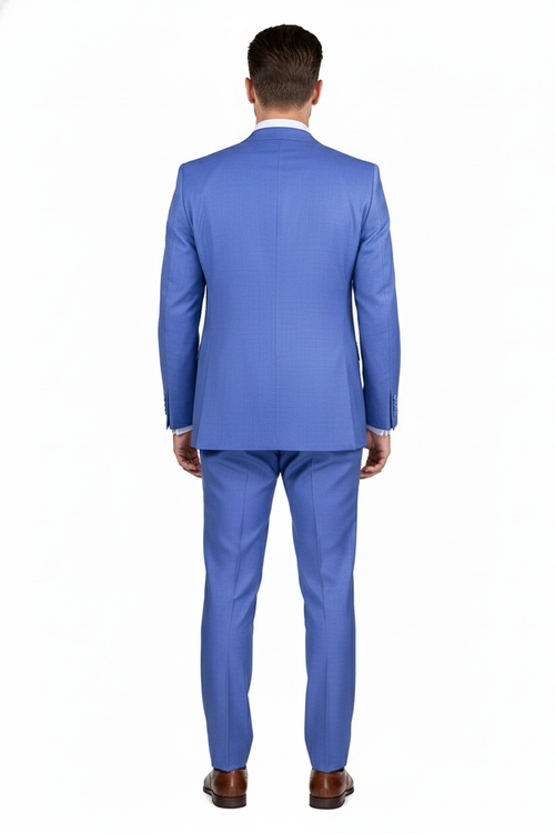 Alberto Nardoni men's light blue 3-piece suit. Tailored fit, double-breasted blazer with structured design and matching straight-leg trousers. Crafted from smooth, solid light blue fabric.