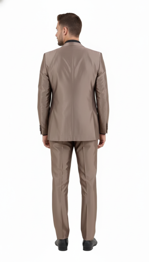 Men's metallic taupe-gold bronze 3-piece suit: fitted jacket with black trim, straight-cut trousers, and vest. Shiny sateen fabric enhances the shimmering metallic effect. Features structured shoulders and single back vent.