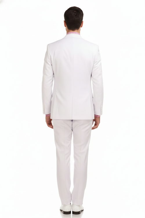 Alberto Nardoni men's white 3-piece suit. Double-breasted jacket, tailored fit with straight back. Slim-fit trousers. Smooth, light fabric. Solid white. Defined lapel. Clean silhouette.
