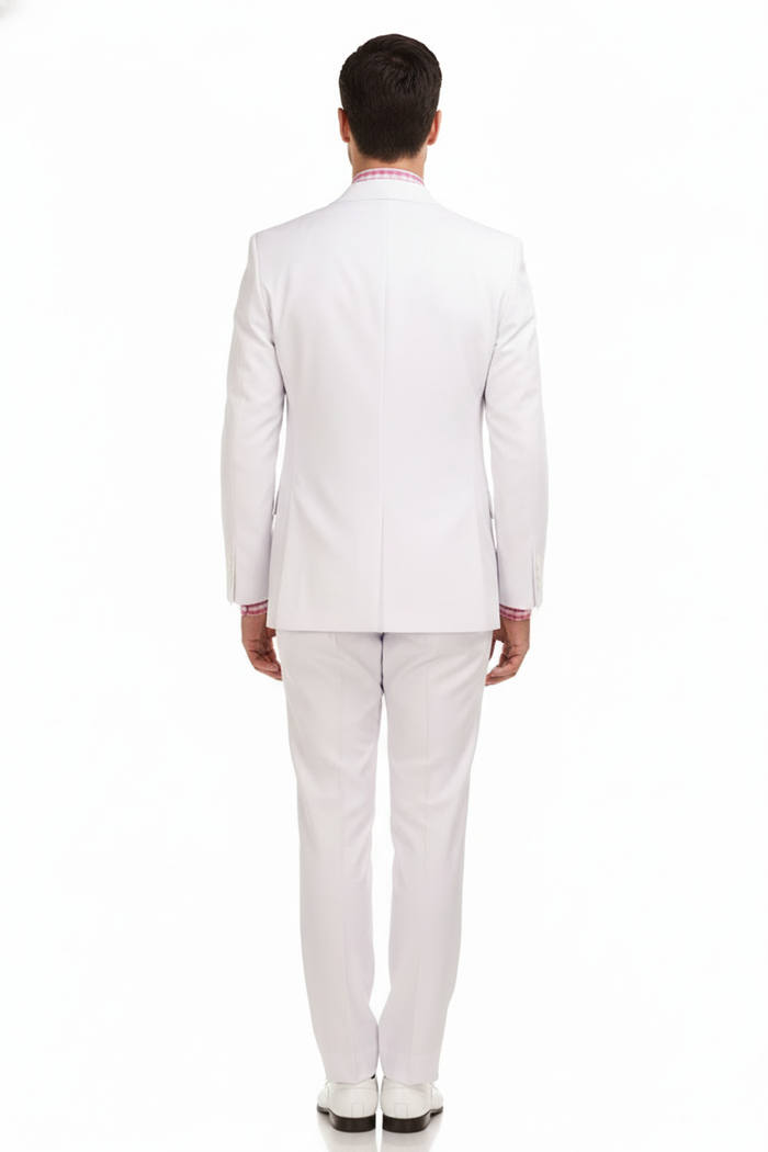 Alberto Nardoni men's white 3-piece suit. Double-breasted jacket, tailored fit with straight back. Slim-fit trousers. Smooth, light fabric. Solid white. Defined lapel. Clean silhouette.