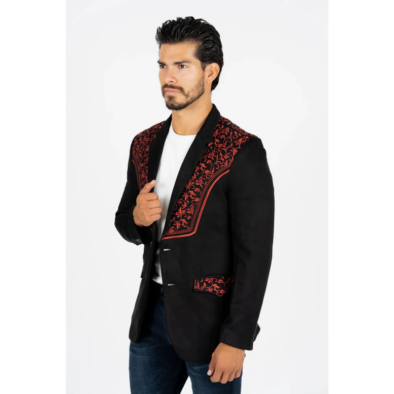 Mens Black ~ Burgundy Embroidered Suede Blazer