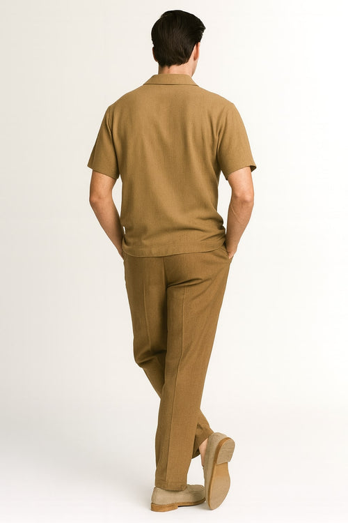 Men's mocha brown knit walking suit: short-sleeve button-down shirt & matching pants. Solid taupe coffee color, lightweight & breathable. Classic collar, relaxed fit shirt. Straight-leg pants. No patterns or embellishments.
