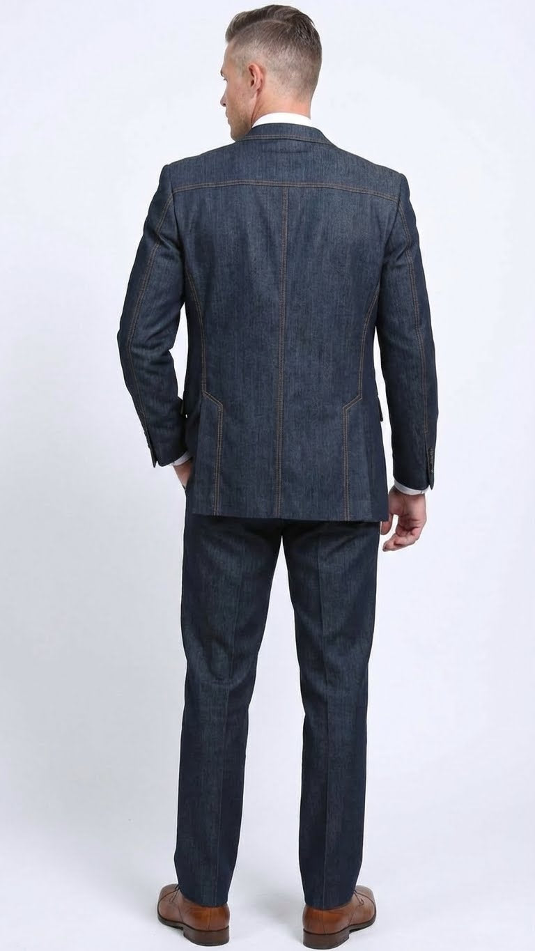 Mens Dark Denim Blue Fabric Suit Classic Three Piece Denim Suit for Wedding, Party and Formal Events