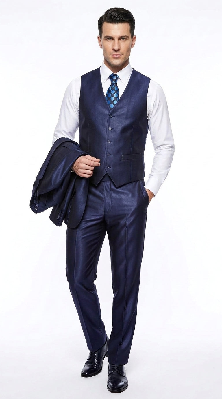 Men's Shiny Navy Blue Sateen 3-Piece Suit – Elegant Wedding, Prom Dress Suit with Matching Vest and Pants Slim Fitted