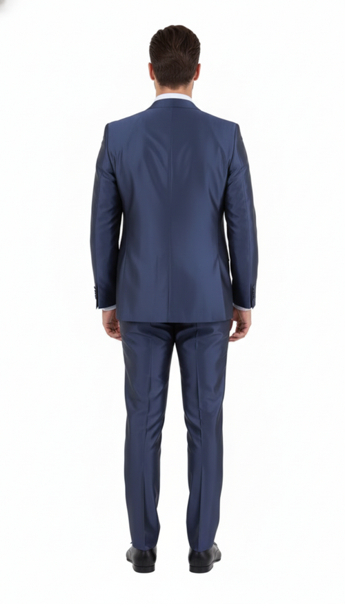 Men's navy blue 3-piece suit: jacket, trousers, and vest. Shiny finish throughout. Jacket: tailored, single vent. Trousers: slim-fit. All pieces match color and glossy texture.