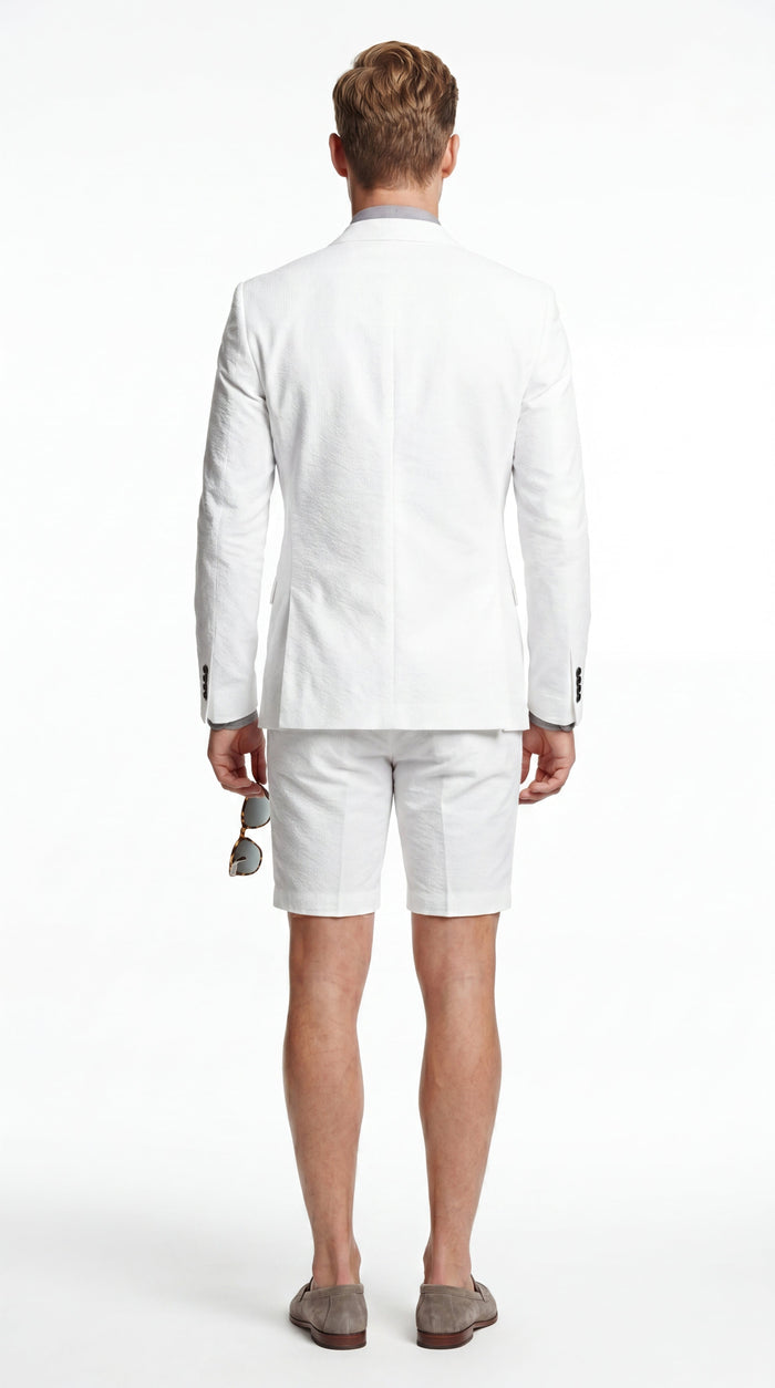 Men’s Cotton Fabric White 2 Piece Summer Suit with Shorts, Casual Beach Wedding and Resort Formal Outfit