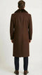 Men's brown long overcoat with faux fur collar, tailored fit, and straight hem. Wool-like material, long sleeves with buttoned cuffs.
