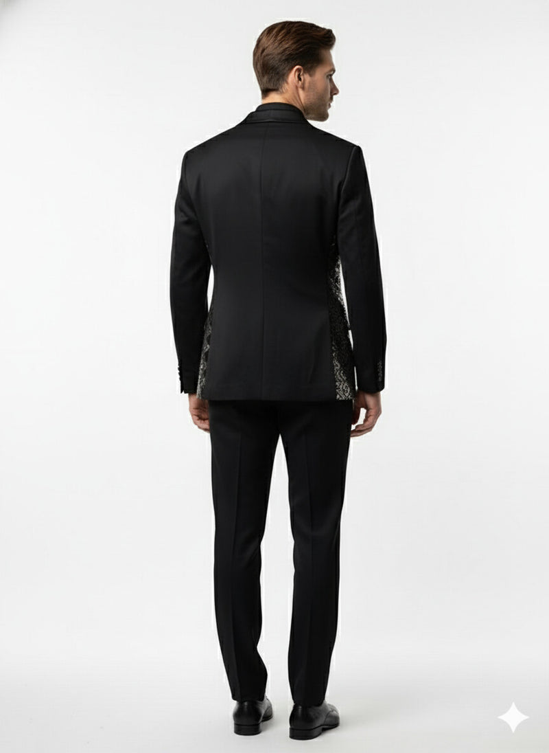 Mens Black and White and Silver Sequin Embroidered Blazer - Luxury Designer Party Wear with Geometric Detailing