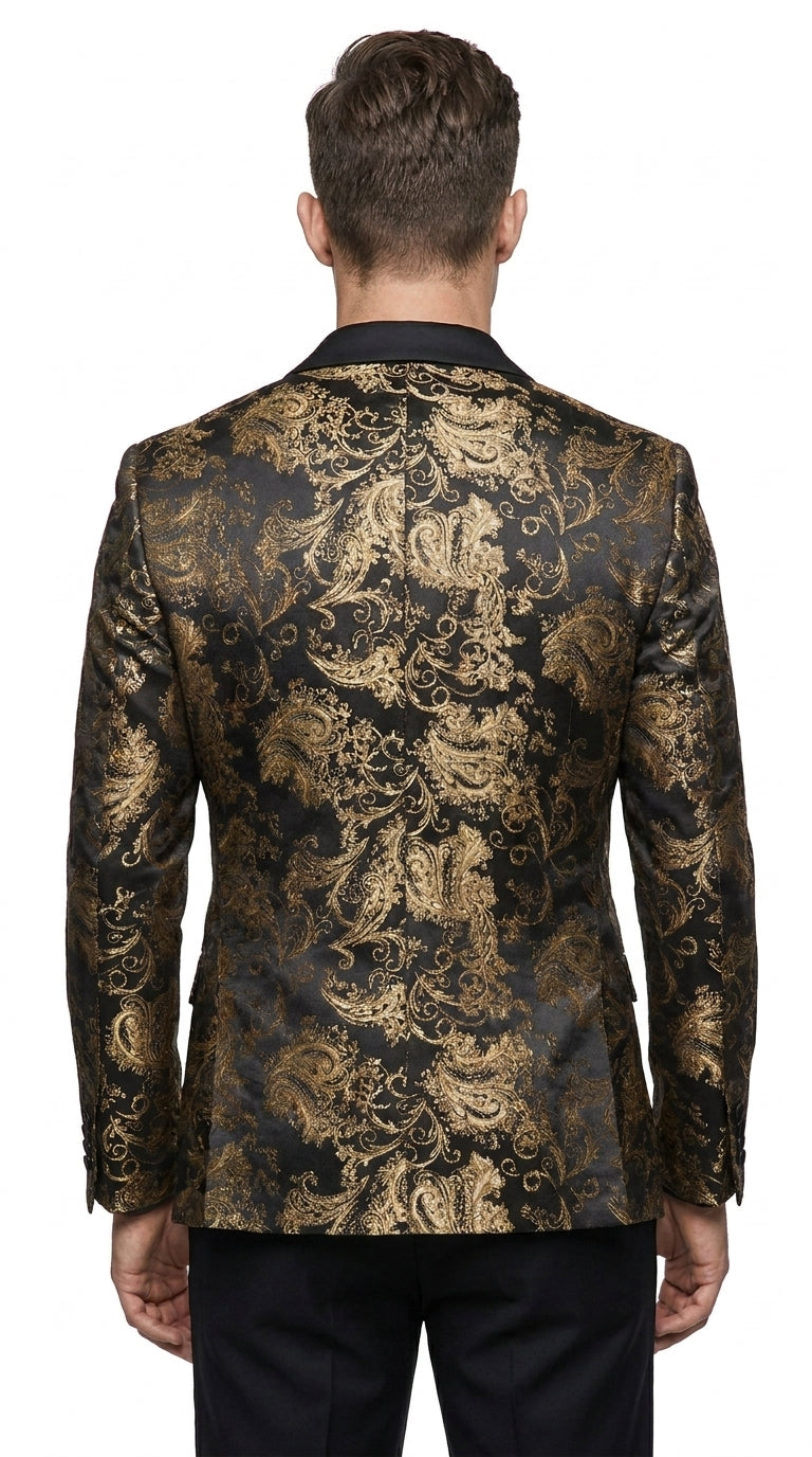 Men’s Black & Gold Paisley Tuxedo Jacket – Luxury Floral Formal Dinner Blazer Black Pants