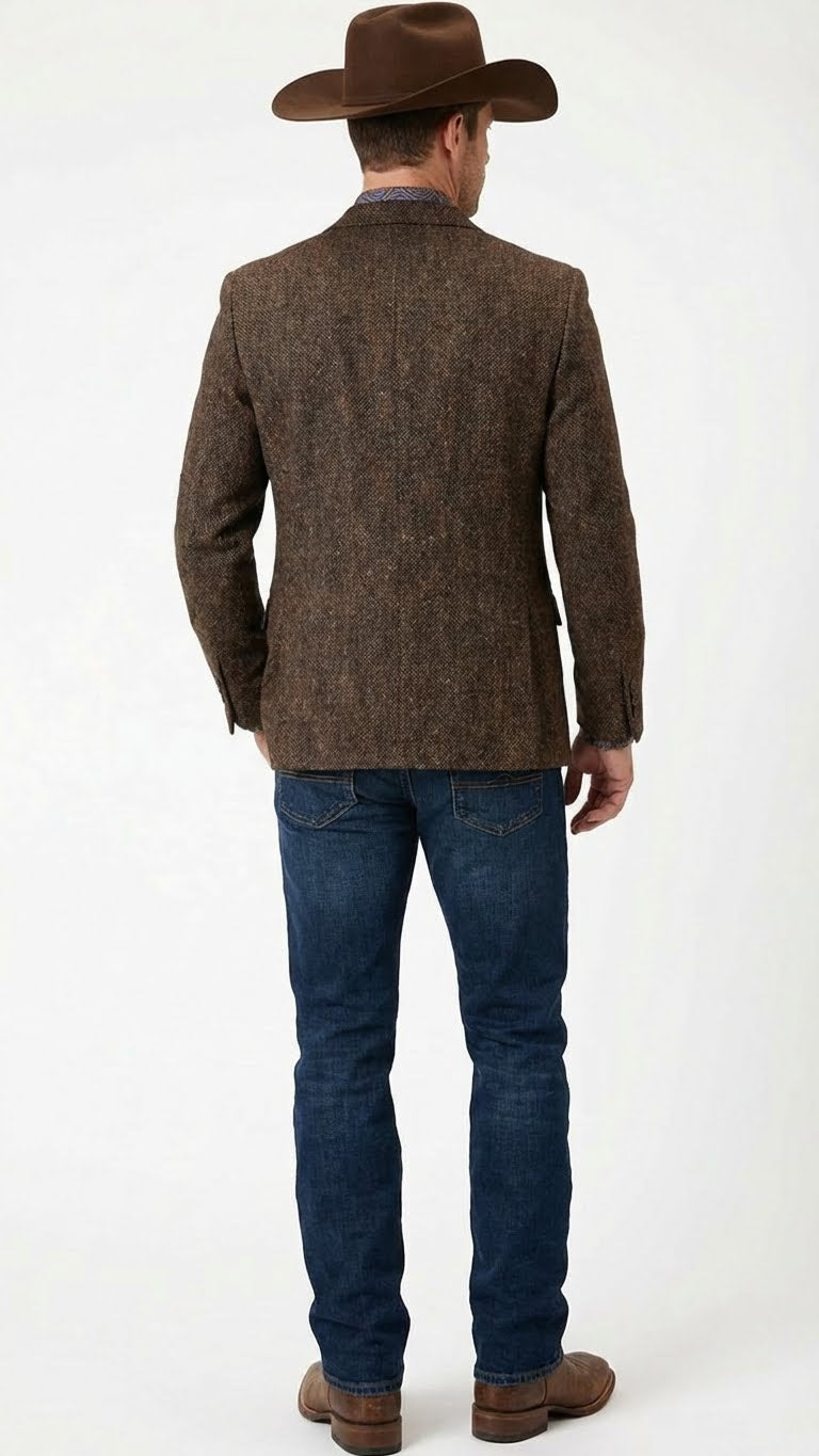 Mens Brown Western Tweed Herringbone Blazer Jacket Classic Cowboy Style Sport Coat for Wedding Party