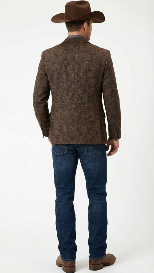 Men’s Brown Western Tweed Herringbone Blazer Jacket – Classic Cowboy Style Sport Coat for Wedding Party