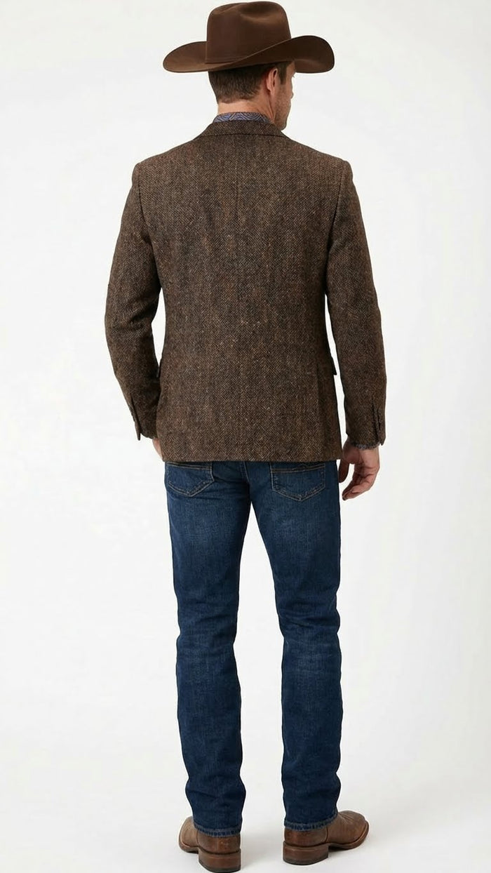 Mens Brown Western Tweed Herringbone Blazer Jacket Classic Cowboy Style Sport Coat for Wedding Party