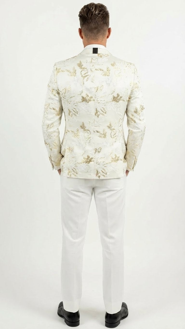 Alberto Nardoni men's blazer: white fabric, gold patterned design (floral/abstract). Tailored fit, single back vent. Long sleeves, waist-length. Likely smooth fabric blend, ideal for formal occasions. Matching white pants visible.
