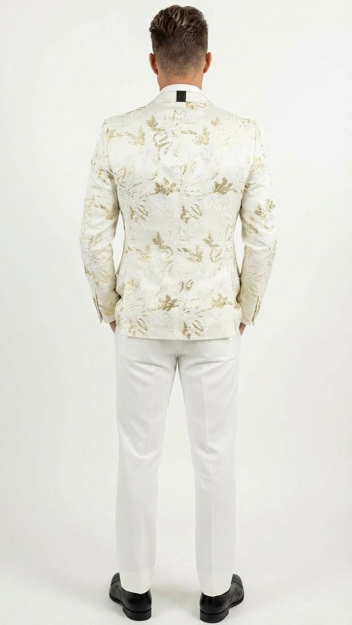 Alberto Nardoni men's blazer: white fabric, gold patterned design (floral/abstract). Tailored fit, single back vent. Long sleeves, waist-length. Likely smooth fabric blend, ideal for formal occasions. Matching white pants visible.
