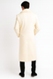 Ivory cream men's overcoat with faux fur shawl collar. Smooth material, tailored silhouette. Straight back, no visible fastenings. Luxurious and elegant.
