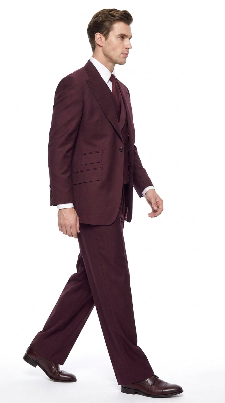 Tiglio Rosso Men’s Burgundy Wool Suit – Classic Fit Big Lapel Suit with Wide Leg Pleated Pants & Side Vents