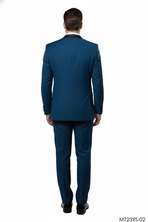 Men's teal blue 3-piece tuxedo suit. Features a fitted jacket with a single vent, matching trousers, and a waistcoat. Smooth fabric, solid color, perfect for formal events.
