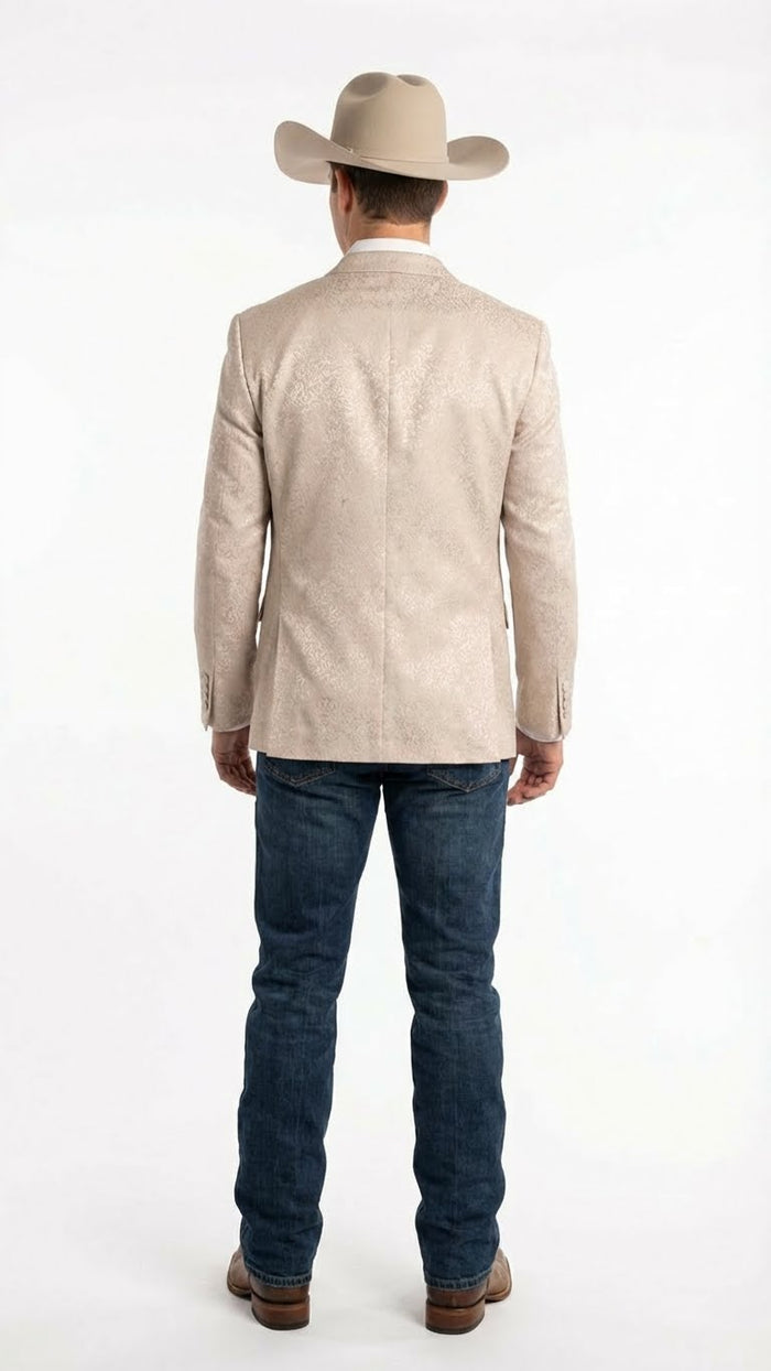 Mens Tan Khaki Beige Cream Champaign Paisley Western Blazer Jacket, Embossed Dress Sport Coat for Wedding Party Rodeo Style