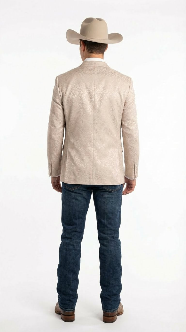 Menâ€™s Tan Khaki Beige Cream Champaign Paisley Western Blazer Jacket, Embossed Dress Sport Coat for Wedding Party Rodeo Style