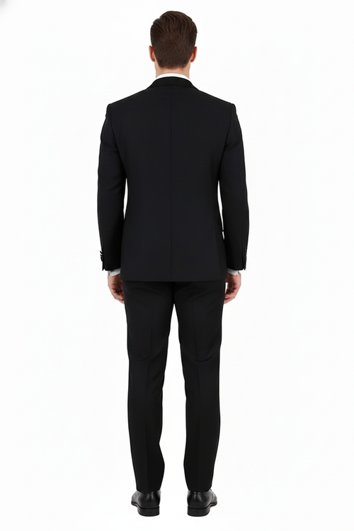 Men's classic black double-breasted tuxedo. Crafted from 100% Super 150s Italian wool. Tailored fit, structured shoulders, and flat-front trousers for a timeless look.