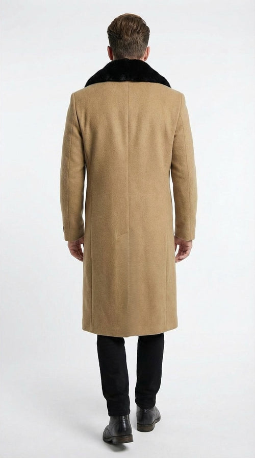 Menâ€™s Camel Tan Long Overcoat with Black Faux Fur Collar - Wool Topcoat Three if not Full length