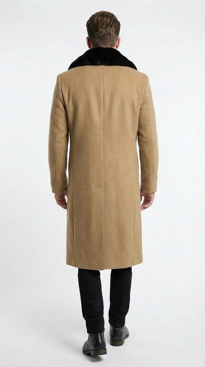 Mens Camel Tan Long Overcoat with Black Faux Fur Collar - Wool Topcoat Three if not Full length