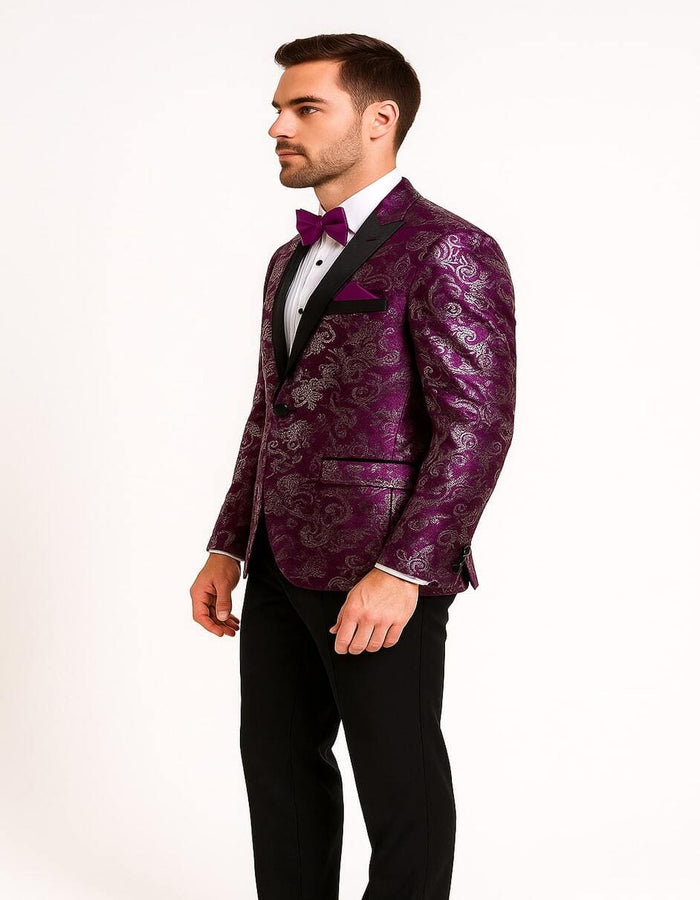 Men's Pinkish ~ Purple Paisley Tuxedo Jacket with Black Satin Lapel â€“ Formal Prom and Wedding Blazer in Meganta Color