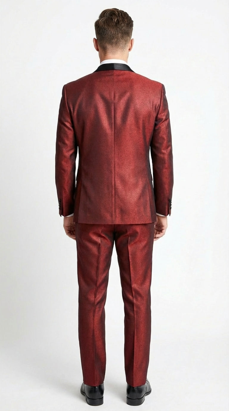 Mens Shiny Burgundy Satin Tuxedo Jacket with Black Shawl Lapel | Formal Wedding & Prom Blazer - Sharkskin Fabric
