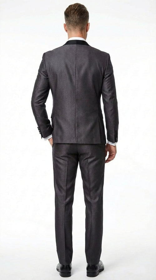 Menâ€™s Shiny Sateen Charcoal Gray Tuxedo 3 Piece Suit with Black Shawl Lapel | Formal Wedding Prom Suit Sharkskin