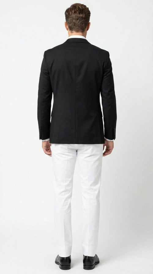 Menâ€™s Solid Black Two Button Suit Jacket Blazer With White Pants | Black Blazer Sport Coat
