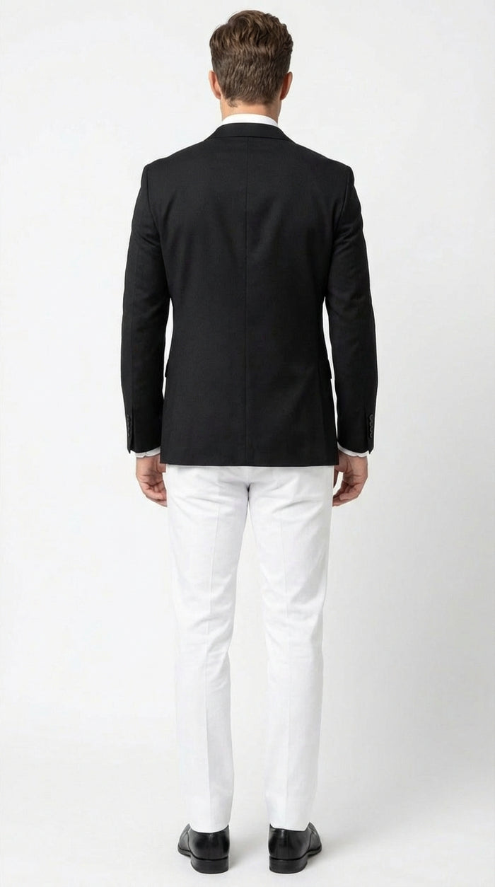 Mens Solid Black Two Button Suit Jacket Blazer With White Pants | Black Blazer Sport Coat