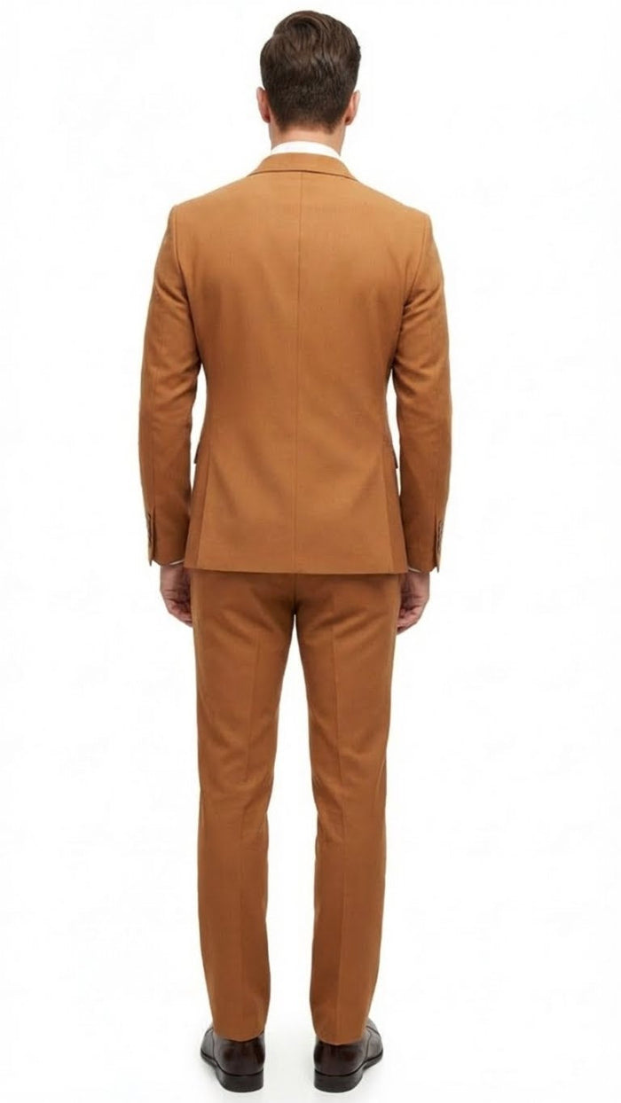 Men's Vitali slim-fit double-breasted suit in rust-brown. Tailored fit, formal, smooth fabric. Jacket with clean back, straight-leg trousers. Uniform, body-hugging appearance.
