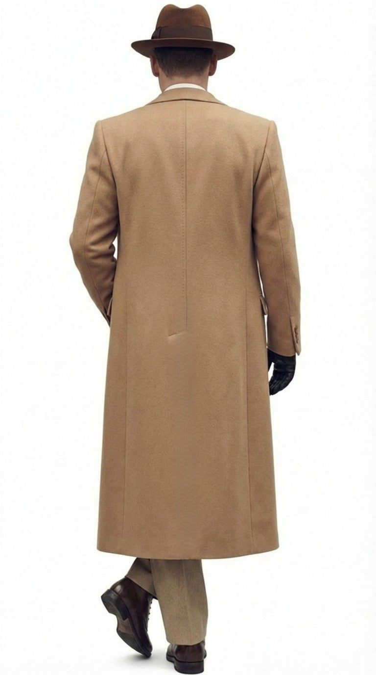 Men’s Cashmere & Wool Camel Beige Long Overcoat – Peaky Blinders Style Vintage Formal Coat + Suit + Hat Package