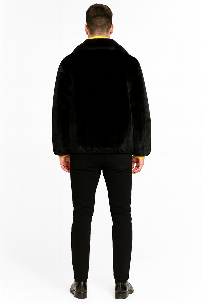 Men's black faux fur jacket. Luxury winter design with soft plush finish, zip-up front, wide collar, and ribbed cuffs for a cozy, stylish look.
