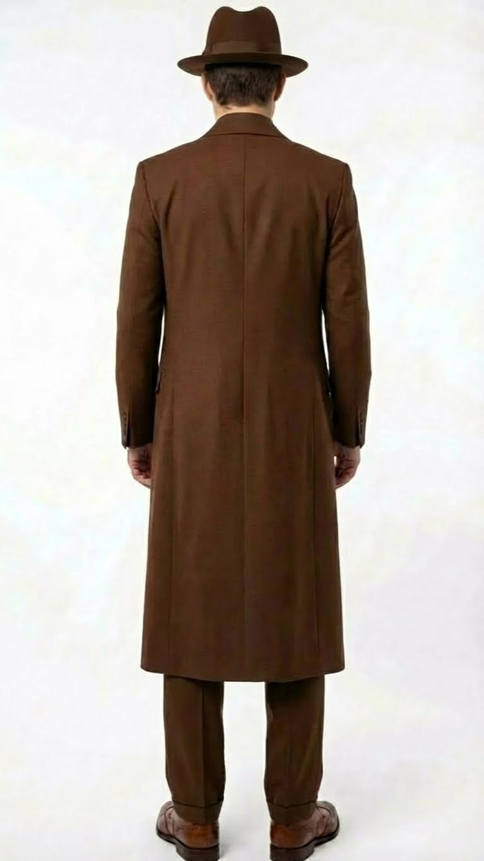 Alberto Nardoni men's 1920s-style zoot suit in brown. Features a long, fitted coat with a pronounced tail, structured fit, and subtle sheen. Wide-legged trousers and a matching hat complete the look.