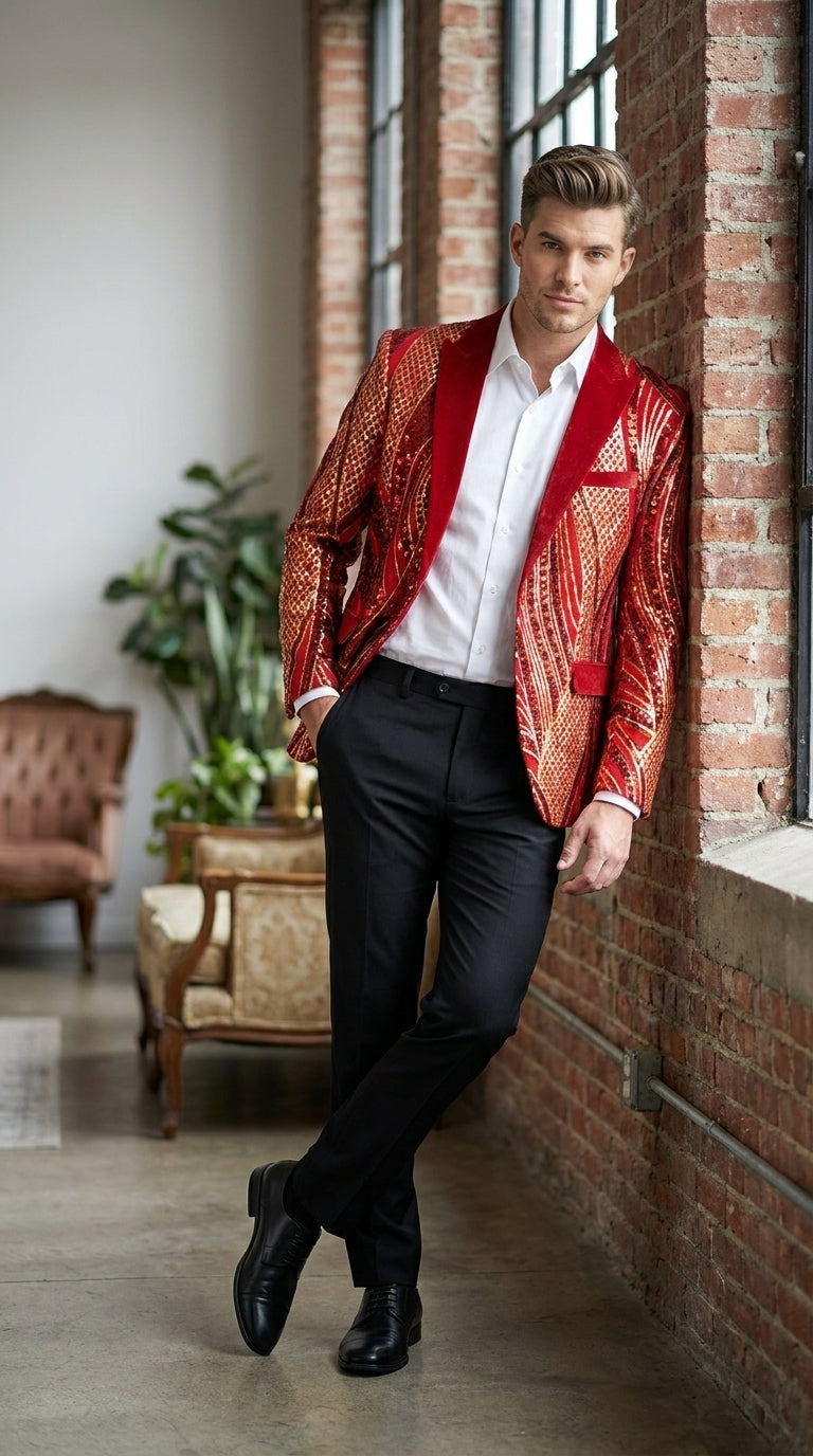 Men’s Red and Gold Sequin Christmas Holiday Blazer – Luxury Party Jacket for New Year, Wedding and Festive Events