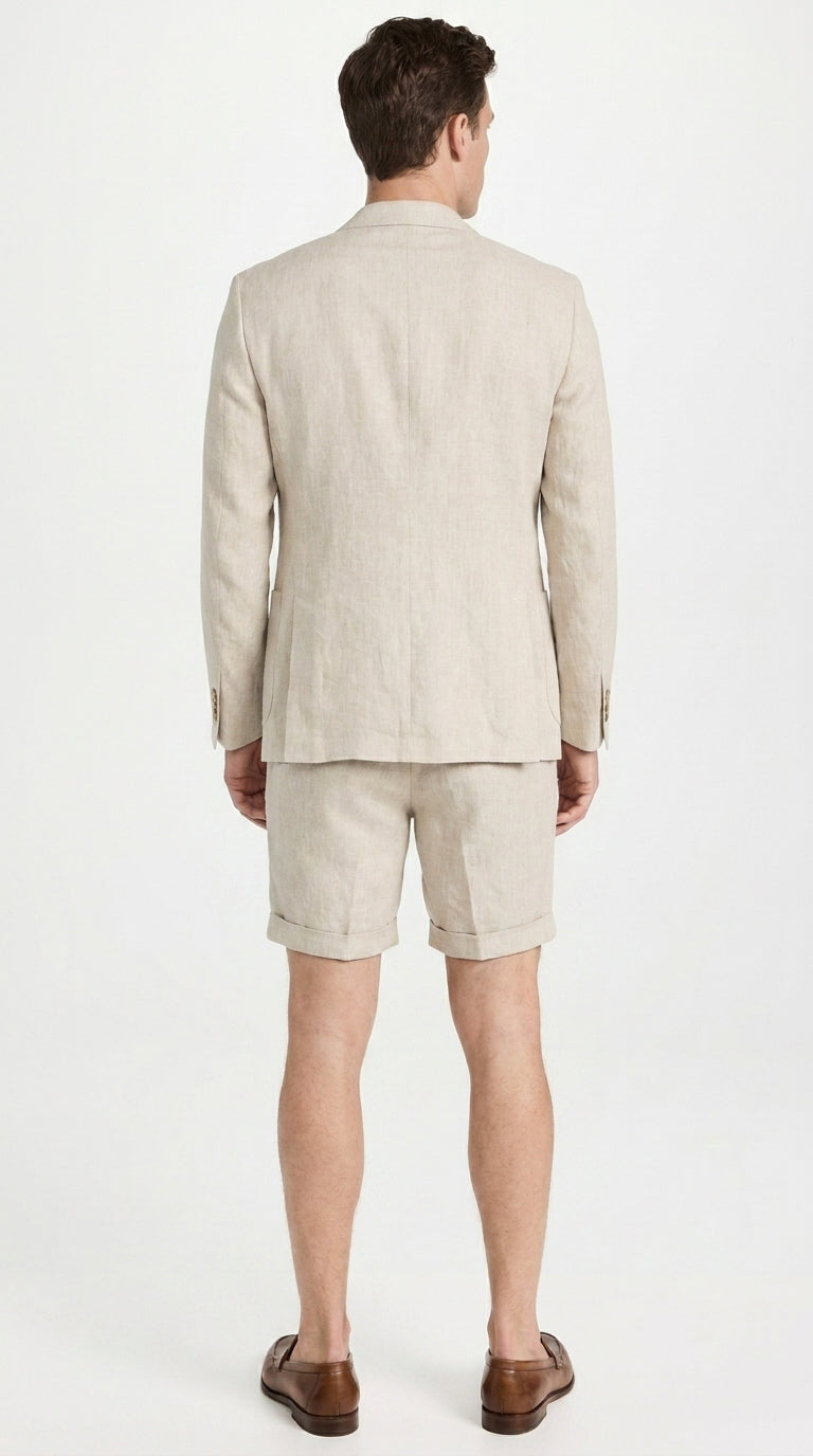 Men’s Tan Linen Suit with Shorts, 2 Piece Summer Short Suit, Casual Beach Wedding Outfit