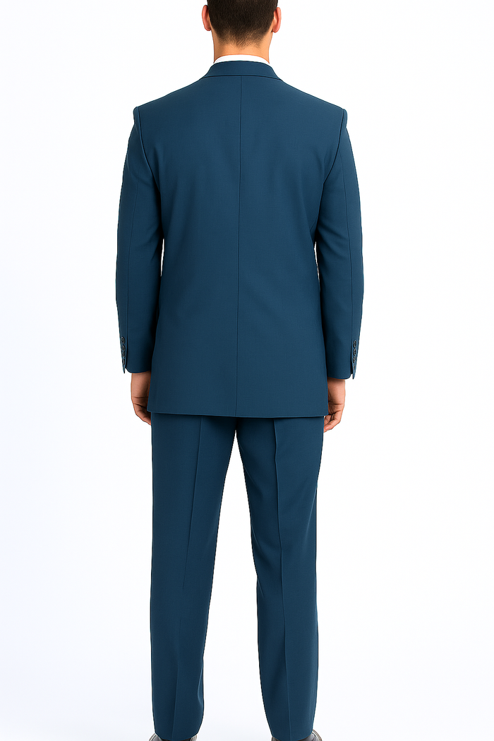 Alberto Nardoni men's sapphire steel blue three-button suit. Structured blazer with single vent and straight cuffs. Matching straight-cut trousers. Sleek, uniform color.
