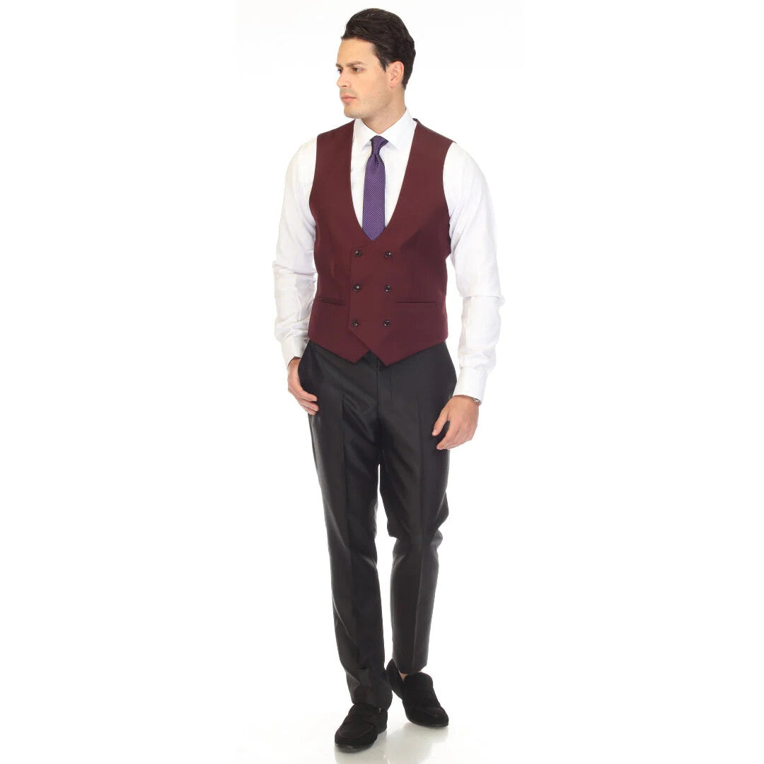 A mens double breasted burgundy vest by Alberto Nardoni features a fitted shape with a deep V-neckline, complemented by six button closures at the front. The material appears to be a smooth fabric, displaying a solid burgundy color without patterns.