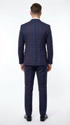 Men’s Navy Blue and Burgundy Checkered Two-Piece Suit Plaid Windowpane – Flat Front Pants or Pleated Wide Leg Pants - 100% Wool