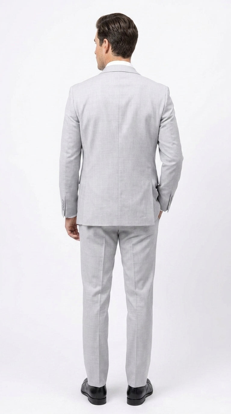 Men’s Light Grey Sharkskin 3 Piece Business Suit – Slim Fit Two Button Vested Wedding & Silver Suit