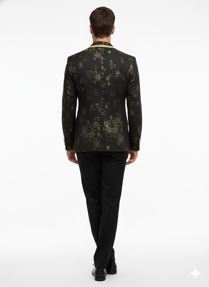 Men's black blazer with gold floral embroidery. Features tailored fit, structured silhouette, and contrasting gold trim. Formal design, coordinated with black trousers.

