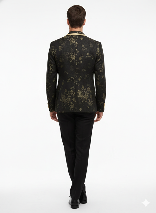 Men’s Black and Gold Embroidered Luxury Blazer – Designer Floral Pattern Wedding & Party Jacket (Sim534)