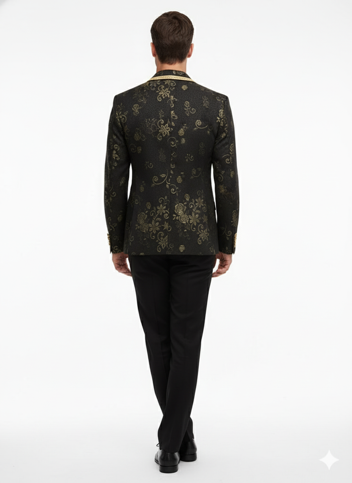Men's black blazer with gold floral embroidery. Features tailored fit, structured silhouette, and contrasting gold trim. Formal design, coordinated with black trousers.
