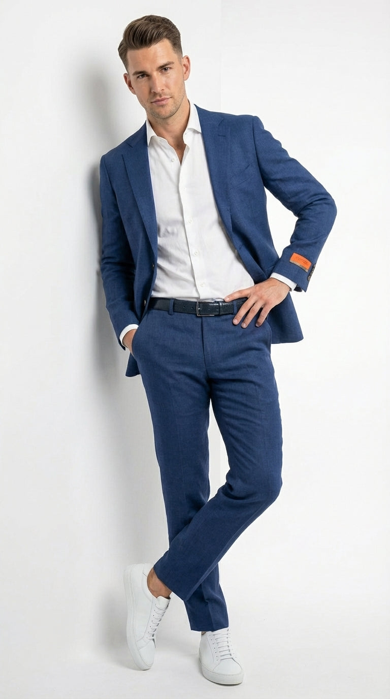 Mens Enzo Tovare Denim Blue Linen Summer Suit – Breathable Two Piece Suit for Wedding, Business, Travel