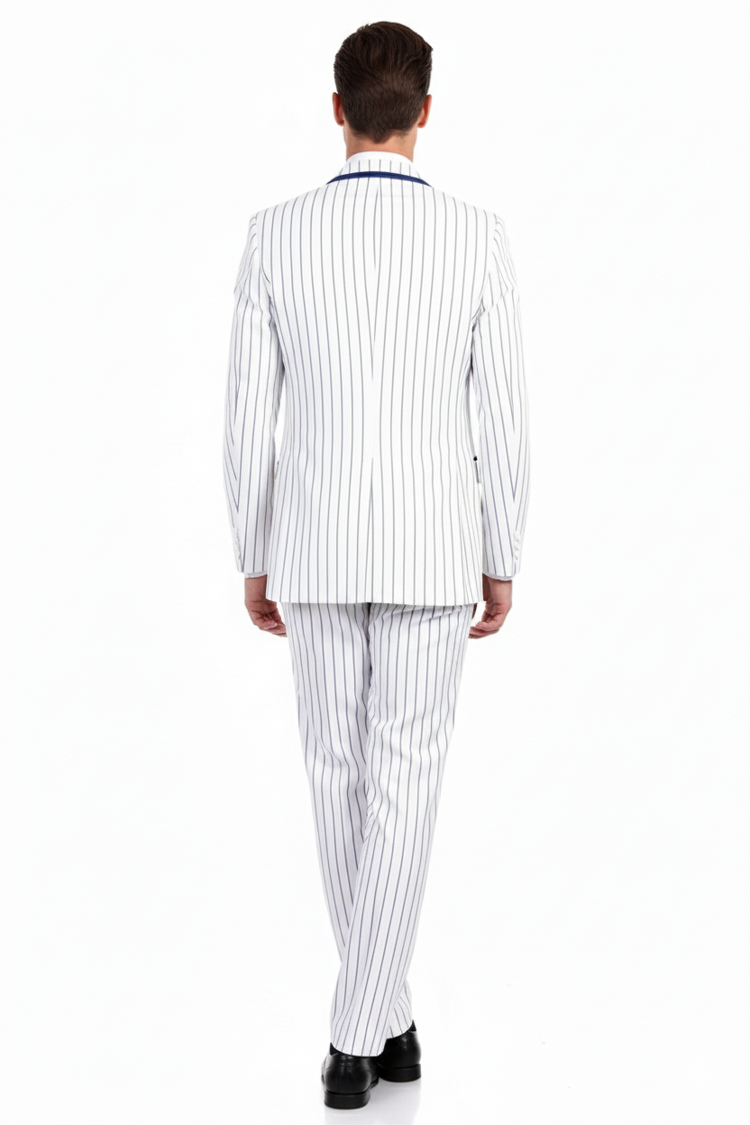 Men’s White and Royal Blue Pinstripe 3-Piece Suit – Classic Fit Blazer with Vest, Pants, and Tie