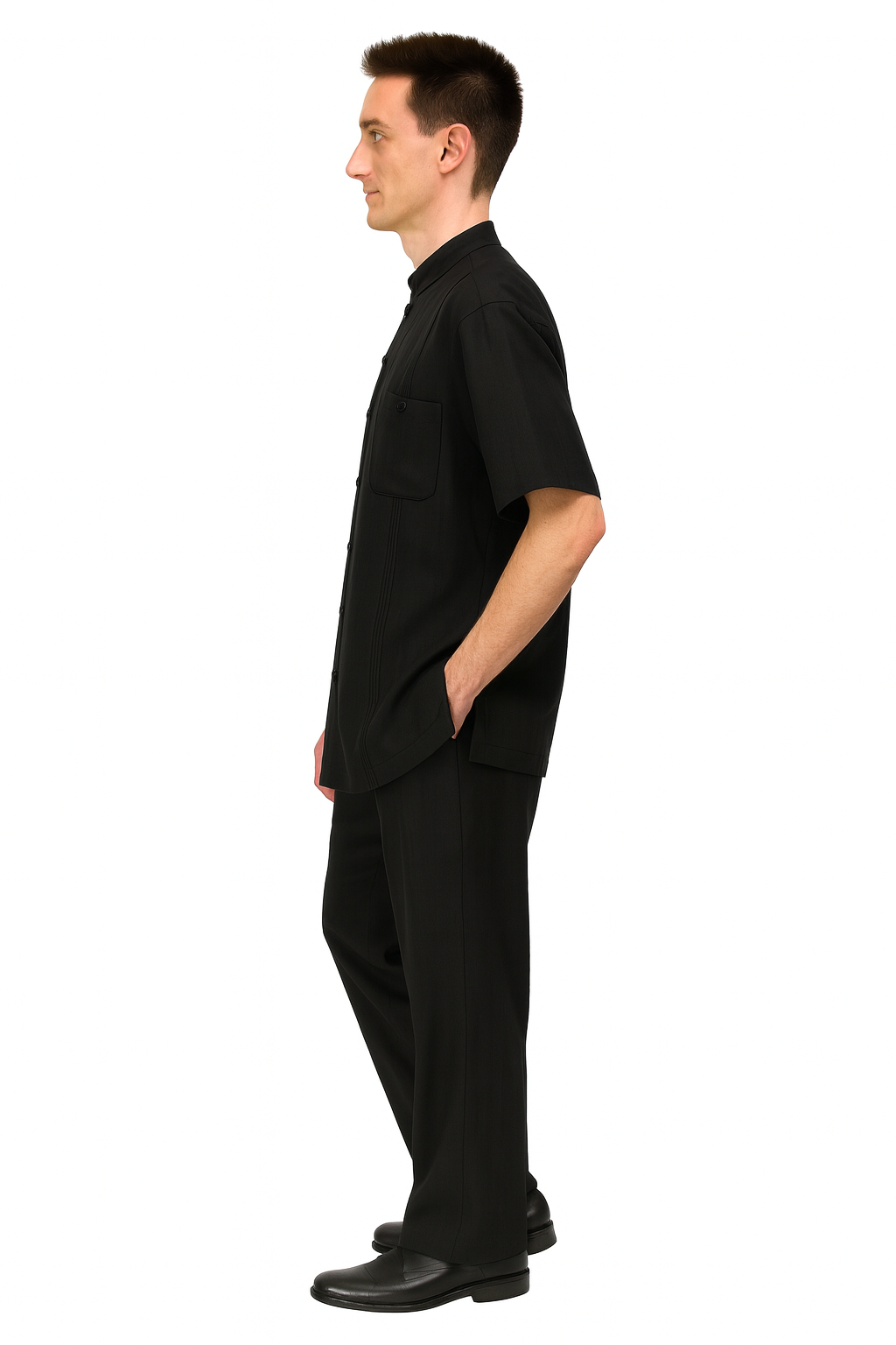 Alberto Nardoni men's black walking suit: short-sleeve shirt with banded collar, straight-leg trousers. Moderate sheen fabric. Shirt: single chest pocket, 4 buttons. Pants: smooth, no visible pockets.