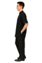 Alberto Nardoni men's black walking suit: short-sleeve shirt with banded collar, straight-leg trousers. Moderate sheen fabric. Shirt: single chest pocket, 4 buttons. Pants: smooth, no visible pockets.