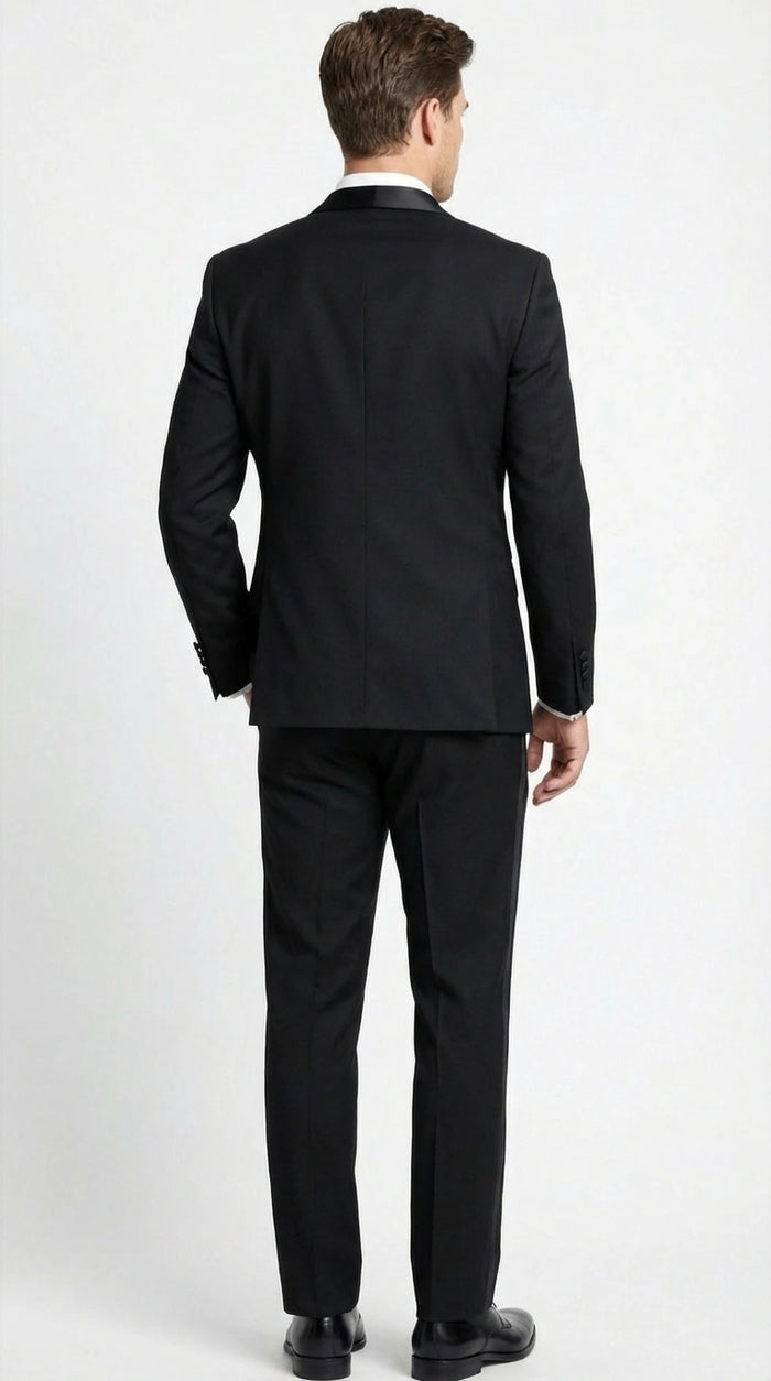 Tiglio Designer Men’s Black Single Button Tuxedo Suit – Formal Black Business and Wedding Suit Shawl Collar  Super 150's Wool Fabric